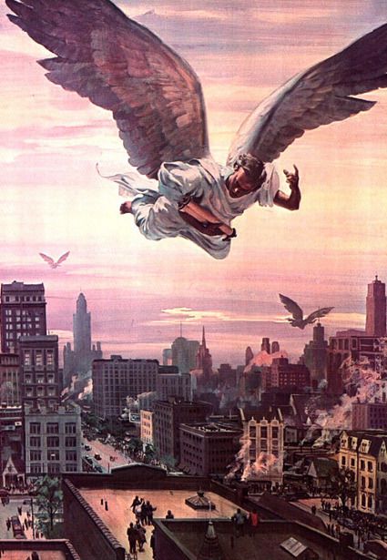 A painting by Harry Anderson depicting the Three Angels' Messages. High above a burning modern city in peril, three angels fly. The closest one holds a scroll and shouts a message from it to those atop the nearest building.